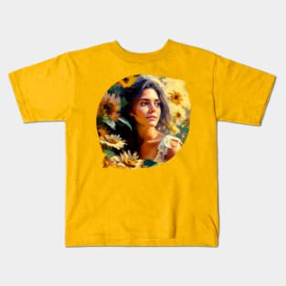 A beautiful girl in nature, surrounded by sunflowers, Art painting Kids T-Shirt